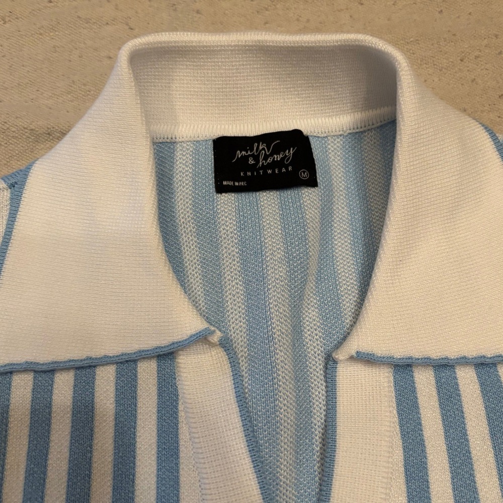 Milk & Honey Knitwear Blue White Striped Sleeveless Polo Sweater Vest Medium - Picture 3 of 6